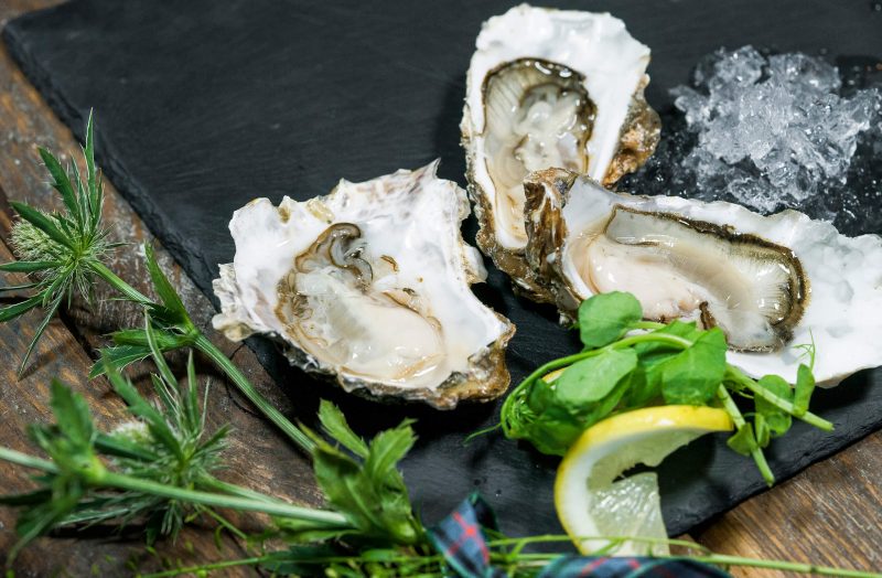 Fresh Oysters on platter with lemon and Scottish Thistle